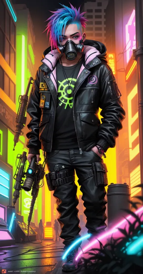 Wide shot A painting of a man with a gas mask and colored hair, cyberpunk vibrant colors, fan art vibrant, dreamy colorful colors cyberpunk , neon cyberpunk vibrant colors,  Aetherpunk airbrush digital art ,  art style cyberpunk , Colorful illustration, hy...