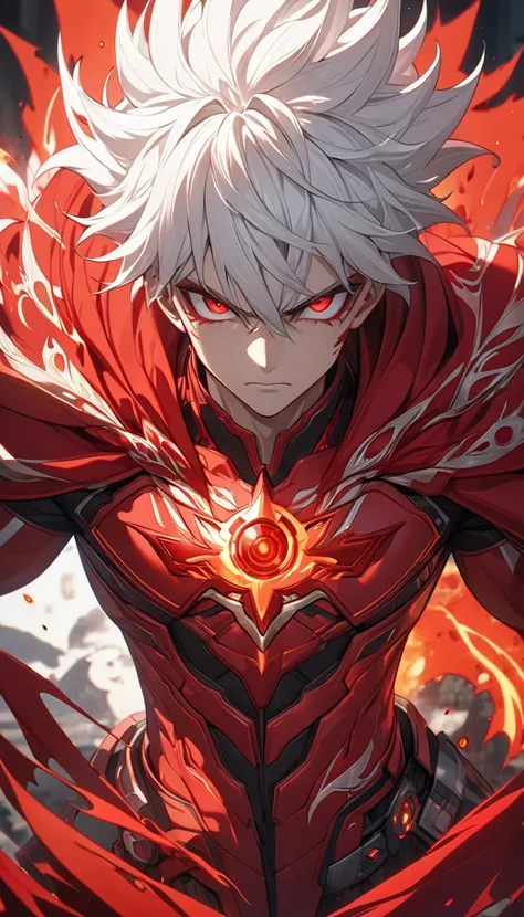 adult guy, short white hair, red fired eyes, rage power, red superhero form, red elements, cape, rage aura, Masterpiece, best quality, Full HD, 8k, ultra details, great graphic, anime style, 2D, detailed eyes, beautiful eyes, beautiful face, beautiful clot...