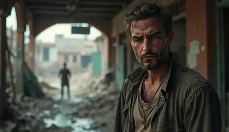 close up, Cinematic style of a man staying in a destroyed shop looking forward like see someone need help