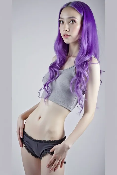 a close up of a pretty young woman with purple hair and a gray top, long purple hair, long violet hair, violet long hair, purple long hair, she has purple hair, long light purple hair, 2  female model, purple hair, purple flowing hair, flowing purple hair,...