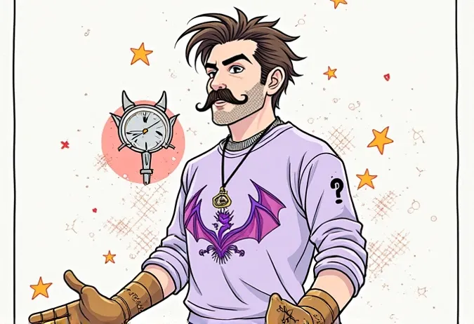 Create a man in a purple sweatshirt with a brown mustache with a purple dragon on his chest brown hair with brown gloves half a finger black suit and brown sneakers 