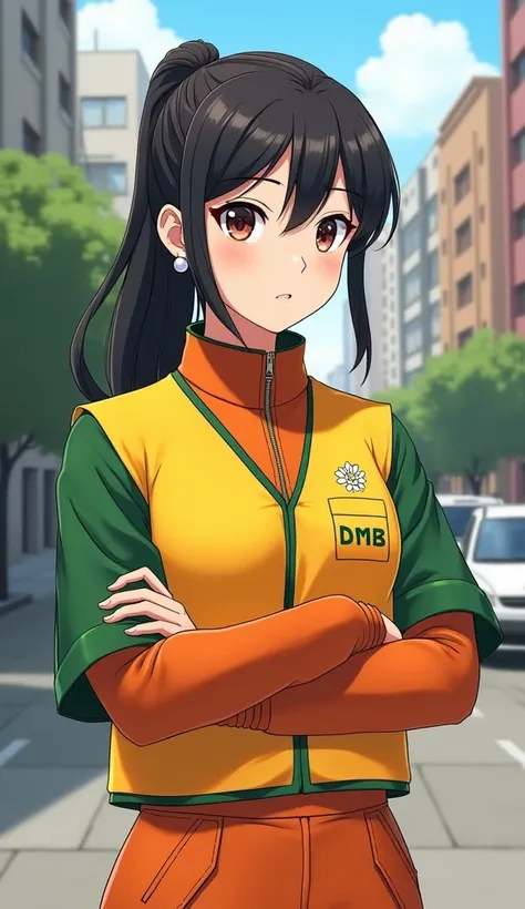  Make an image of A Street ,  has a street sweeper sweeping the street .
 she wears an orange uniform with a blossoming yellow vest,  has a green coat on the sleeves of her uniform . She has fair skin,  hair is tied , Dark black hair , brown eyes,  a 2mm w...