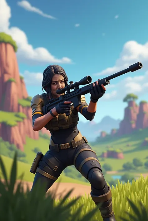  would be seen. The character would be seen as if he were a new Valorant character in the middle of a game with a Sniper in his hands, In the background you would see landscapes taken from Fornite