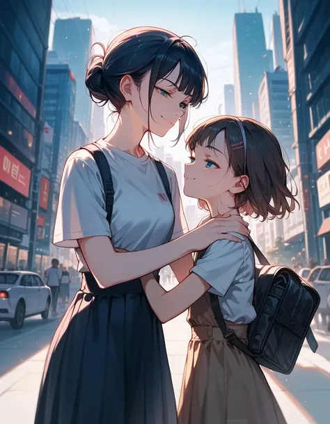 (Masterpiece), (best quality), (high quality), Anime, City, perfection, detailed, 2 girls, duo, young girls, cute smirk, hugging, half closed eyes, beautiful girls, best quality shadow, highest resolution, 4k