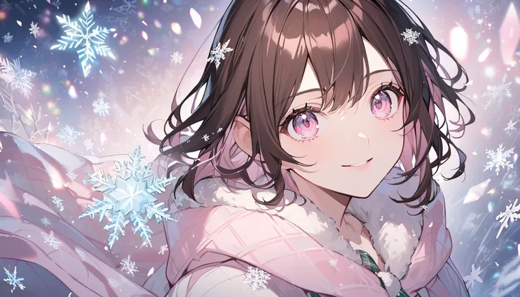  Christmas，Alone， medium haired ，dark brown hair with pink highlights at the tips， Light Pink Eyes ，smile， adult woman， Snowflakes ，Frozen