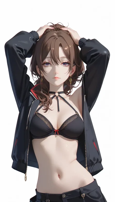 (Ubël, sousou no frieren), (Ubël frieren), brown hair, eyelids, 1girl, cute, solo, (jacket), (opened jacket, jacket down, sagging jacket), bra, bare shoulders, arms raised, hands on head, (underarms), sexy, looking at viewer, front view, bedroom background