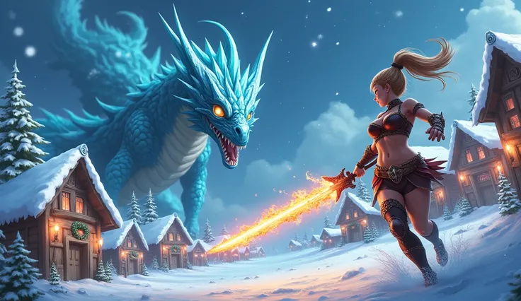 anime still, a humble holiday village covered in snow (with Christmas lights and Christmas decorations) is being destroyed by a ravaging ice dragon (glowing eyes, ice breath, menacing form, demonic appearance), a sexy female giant (wearing chainmail, wield...