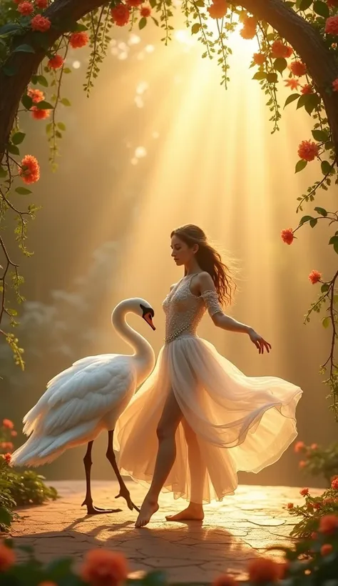 Prompt: "On a stage bathed in golden sunlight, a graceful woman dressed as a forest fairy dances with a noble swan, its feathers gleaming in pure white with subtle silver accents. The swan bows elegantly, its movements perfectly synchronized with the woman...