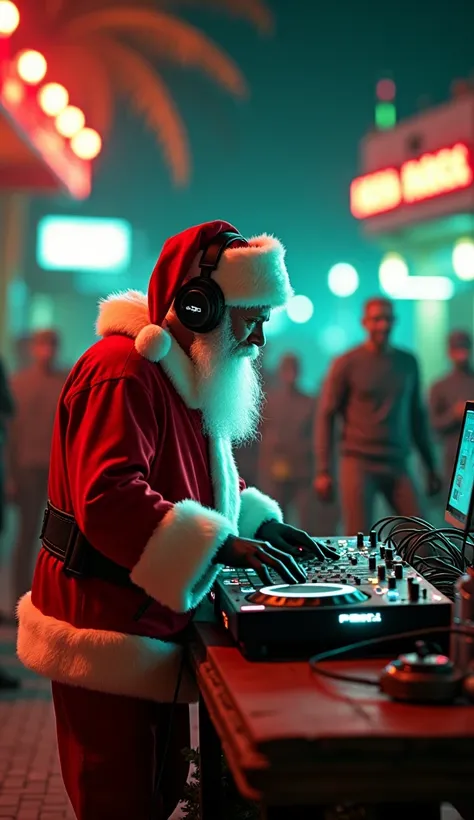 hello!  I need an image for Christmas ,  of a DJ Santa Claus with a console ,  playing in Area 51 ,  an image in Christmas colors , red and dark green .  Let the style be like a video game.  that are on the patio of a bar playing,  and that there are peopl...