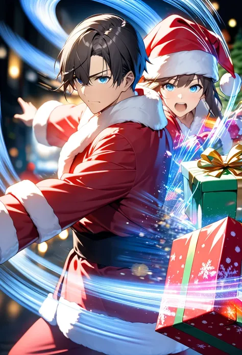  dark-haired young man"Asuka"Serious expression of  ,Good-looking smart blue-eyed Santa Claus figure , background:Iridescent illumination light in the dark ,  pose: throwing presents at me  , A present that is coming towards us(( motion blur:2.5 ,  Double ...