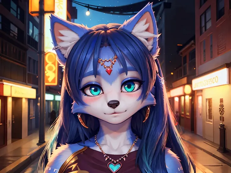 ((krystal)), Star Fox-Krystal, lovable, green eyes, ((( Long blue hair 1.3))), Decollete, anthro, Fuzzy,  detailed Fluffys fell,  detailed face , (Fluffy),  1 girl, ,woman, Goth, green eyes, undercut, ultra-realistic 8k cg ,  masterpiece, (( ultra-detailed...