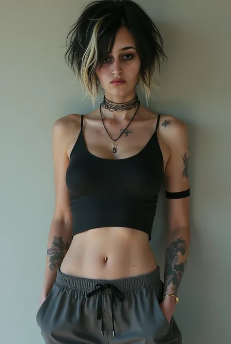 Girl with short black hair tied up with blonde tips. Lip piercing and septum piercing. She has a black top and long grey jogging. She has hair in her armpits. Light eyes. She has some moles in her back. full body