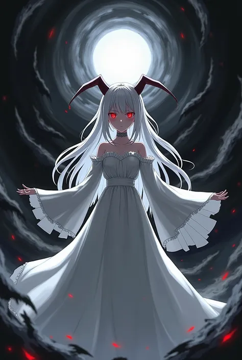  Generate an image of Kanna Kamui of miss Kobayashi-san with crimson red eyes , white hair and a dress too . that looks intimidating,  not like a girl and that has an aura behind black and white behind her behind and around her. without horns,  so that the...