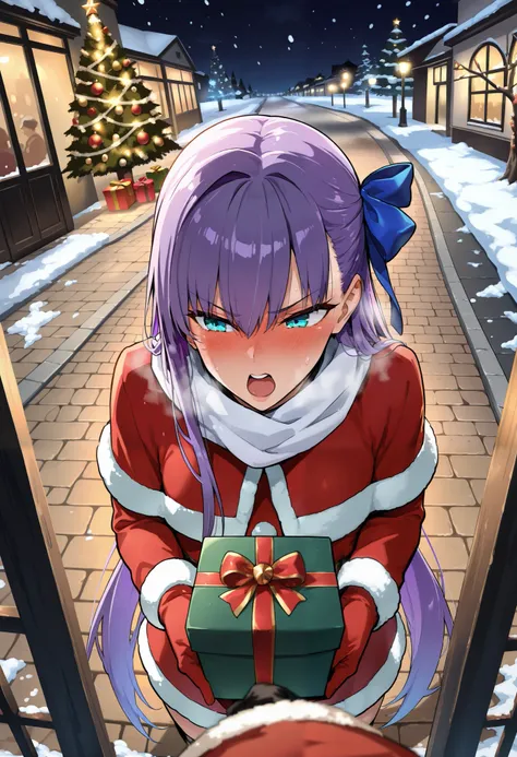 masterpiece, best quality, amazing quality, very aesthetic, newest, meltryllis (fate),1girl,long hair,purple hair,aqua eyes,blush,tsundere,gift box,holding gift box,cowboy_shot,depth of field,from_above,open mouth,upper_teeth,snow,christmas,santa costume,c...