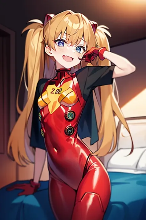 (( top quality)), ((masterpiece)), (be familiar with),  perfect face, indoor, bedroom,  watching viewers ,
One woman,  Soryu Asuka Langley,
 open mouth,  with an ecstatic expression , blush, smile,
 small tits,  flat chested, Young girl, Lori,  s,  girl,
 ...