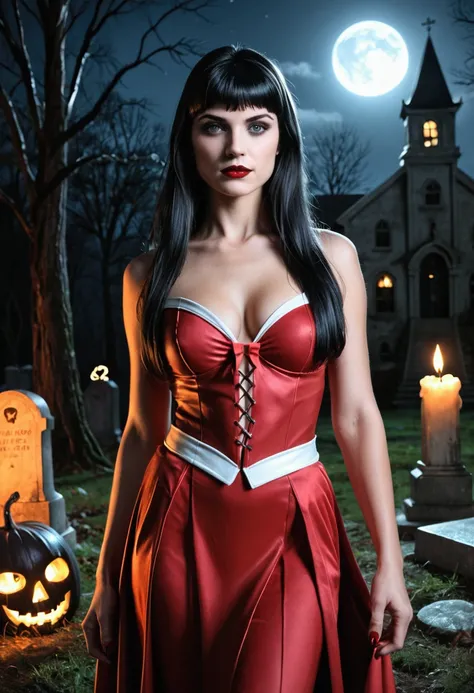 Vampirella is a vampire superheroine created by Forrest J Ackerman and comic book artist, Comic Book Outfit, Graveyard, bats, Frank Frazetta, detailed, Photorealistic, high resolution, 8k, photorealistic, hyper detailed, intricate details, dramatic lightin...