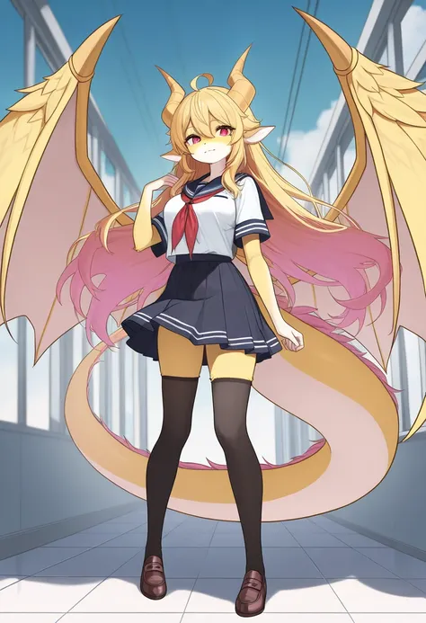 Anime style dragon Furry women,full body, wings and long tail, (medium breasts) very long medium legs, in the school uniform,