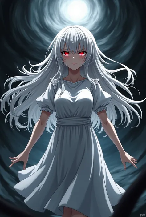  Generate an image of Kanna Kamui of miss Kobayashi-san with crimson red eyes , white hair and a dress too . that looks intimidating,  not like a girl and that has an aura behind black and white behind her behind and around her. without horns,  so that the...