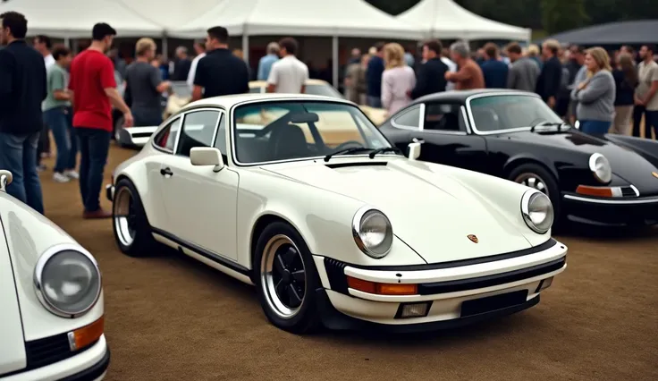 White Porsche 911 Carrera RS 2 . 7 stands surrounded by other classic Porsche models at a retro open-air exhibition.  Crowds of connoisseurs take pictures and discuss its elegant lines .