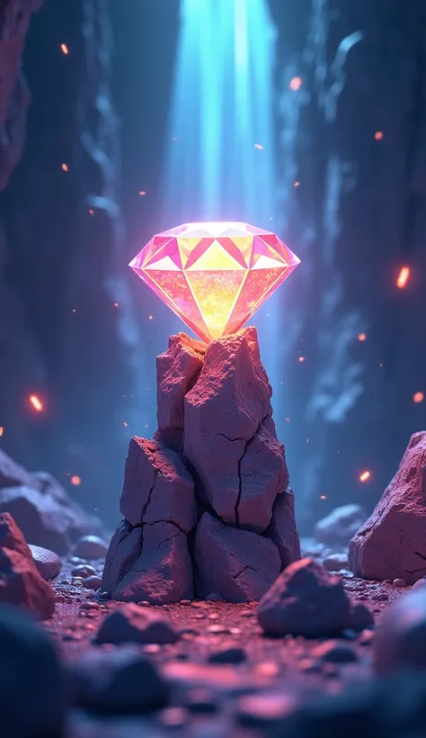 A 3D cartoon-style scene depicting a rough, jagged rock slowly transforming into a brilliant diamond under immense pressure. The rock is surrounded by beams of light and glowing energy, symbolizing the transformative process. The background features a dark...