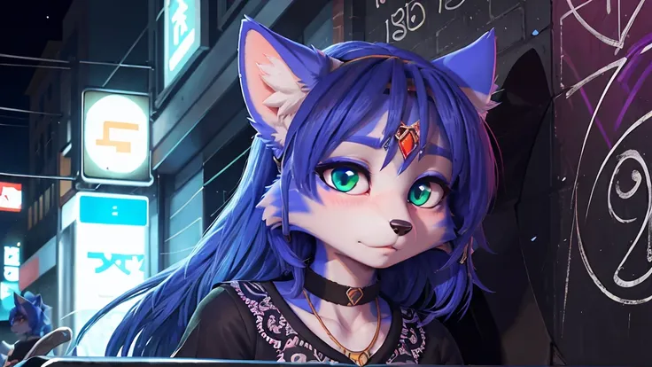 ((krystal)), Star Fox-Krystal, lovable, green eyes, ((( Long blue hair 1.3))), Decollete, anthro, Fuzzy,  detailed Fluffys fell,  detailed face , (Fluffy),  1 girl, ,woman, Goth, green eyes, undercut, ultra-realistic 8k cg ,  masterpiece, (( ultra-detailed...