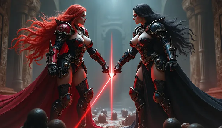 Full body pose, sexy Warhammer 40k battle sisters shooting their laser guns, the two sisters are inside a dungeon that has (((several humans in a dark cell, the humans are kneeling next to them asking for release))), the two sisters are dressed in red spac...