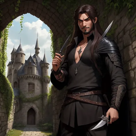 a cunning mercenary with two oriental daggers in his hands with long brown hair with overgrown stubble, dressed in black rag clothes and with a white fang pendant against the background of a castle wall with an overgrown vine