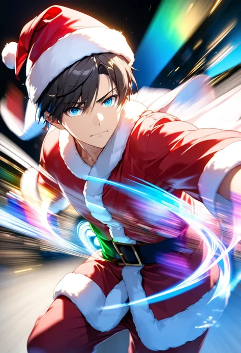  dark-haired young man"Asuka"Serious expression of  ,Good-looking smart blue-eyed Santa Claus figure , Alone ,background:Iridescent illumination light in the dark ,  pose: throwing presents at me  , A present that is coming towards us(( motion blur:2.5 ,  ...