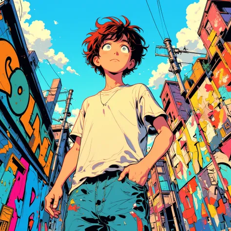 A vibrant comic book-style scene featuring Collin, a 15-year-old with short, messy hair, wearing a simple t-shirt and jeans. He has an expression of curiosity and determination, his eyes sparkling with a sense of adventure. The background should be urban, ...