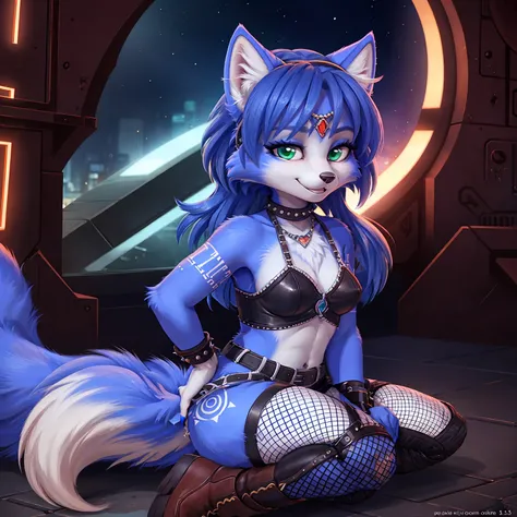 A portrait of  ((krystal)), Star Fox-Krystal, lovable, green eyes, ((( long blue hair 1 .3))), Decollete, anthro, Fuzzy, alone,  detailed Fluffys fell,  detailed face , (Fluffy),  1 girl, Alone, punk clothing ,  Short Top , wide trousers,  black boots, lea...