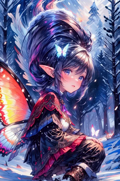 score_9, score_8_up, score_7_up, score_6_up, score_5_up, score_4_up, watercolor art of a most beautiful fairy playing in the snow, a beautiful fairy, spread butterfly wings, dynamic hair color, dynamic hair style, busty, wearing colorful silk dress, intric...