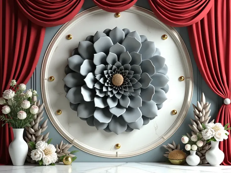 High Resolution,3d model, octane render volumetric, highly detailed videogame, seamless ornate gry flower decoration on a polished crem marble wall, accented with a bright curtain, crimson details, and dark gray red peeler motifs, surrounded by intricate f...