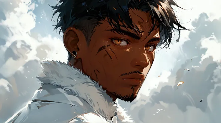 Young man, brown skin, thin and defined physique, medium black hair, black goatee, white overcoat, serious expression, clinical look, tribal tattoo on chest, sky backdrop, ((Anime character design)), ((2D animation style)), ((Dramatic studio lighting)), ((...