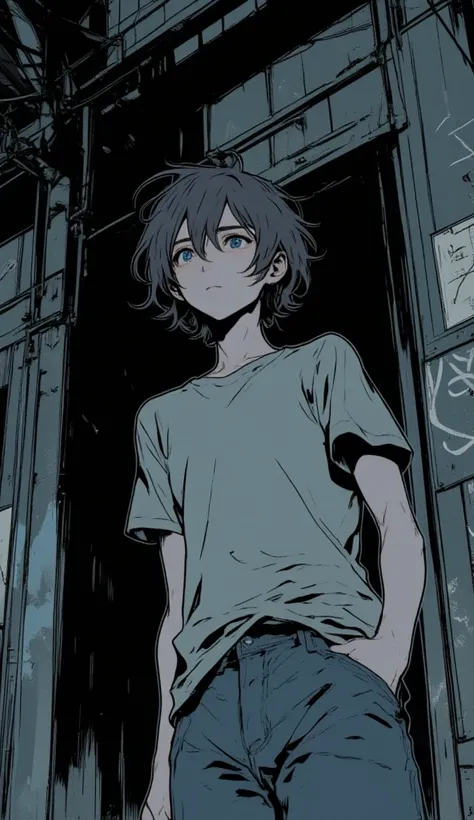  A comic book scene showing Collin , A  teenager,  with short, messy hair ,  wearing a simple t-shirt and jeans .  He has a thoughtful and determined expression ,  with his eyes fixed on some distant point . The background is urban,  but with darker and gr...