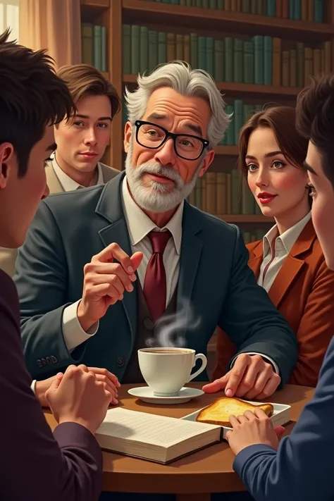 A cultured man, surrounded by books, drinking coffee and melted buttered toast, while chatting with a group of young people, around a circle.