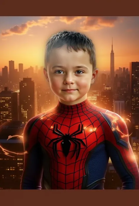 Boy, Short Hair, standing in a spiderman suit, dark hair, in the background city lights, high definition, Realistic anatomy, High detail, photography 