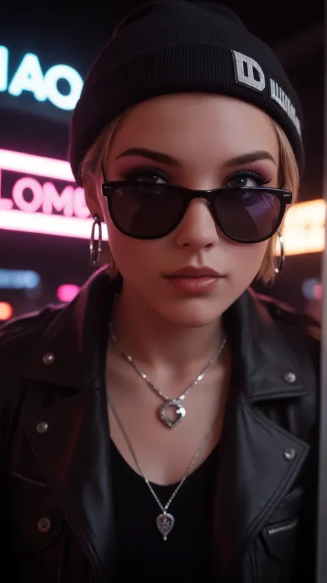 score_9, score_8_up, score_7_up, face close up, alternative girl, watching over black sunglasses, jacket, necklace, neon light reflections on skin, ear ring, makeup, skin imperfection, short hair, beanie, neon lights background, low light, depth of field, ...