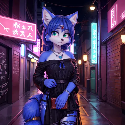 ((krystal)), Star Fox-Krystal, lovable, green eyes, ((( Long blue hair 1.3))), Decollete, anthro, Fuzzy,  detailed Fluffys fell,  detailed face , (Fluffy),  1 girl, ,woman, Goth, green eyes, undercut, ultra-realistic 8k cg ,  masterpiece, (( ultra-detailed...