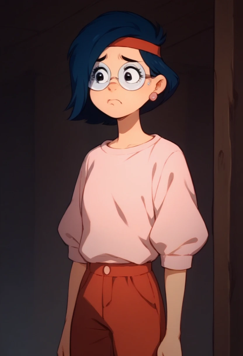 annie, 1girl, solo, short hair, blue hair, black eyes, headband, glasses, earrings, shirt, red pants pink footwear mismatched red sleeves, standing, black eyebrows, half body, frown, worried