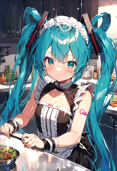 (hatsune miku, 1girl, solo:1.4), (gleaming skin, shiny skin:1.4), (assassin maid uniform:1.4), (kitchen:1.4), (midnight:1.4),