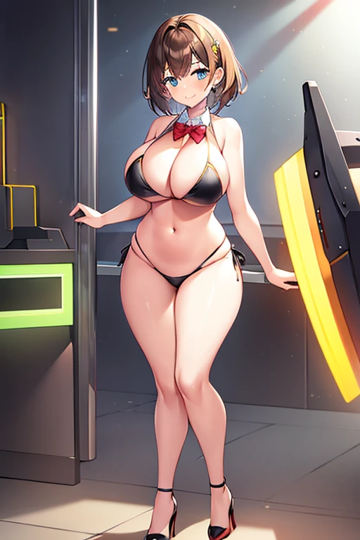 1girl, light smile, large breasts, hourglass figure, standing, ((standing)), full body, ((full body)), toned, very short hair, brown hair, tall, cleavage, navel, ((navel)), bikini, bare legs, bare shoulders, sleeveless, high heels, red bowtie, bowtie, stad...