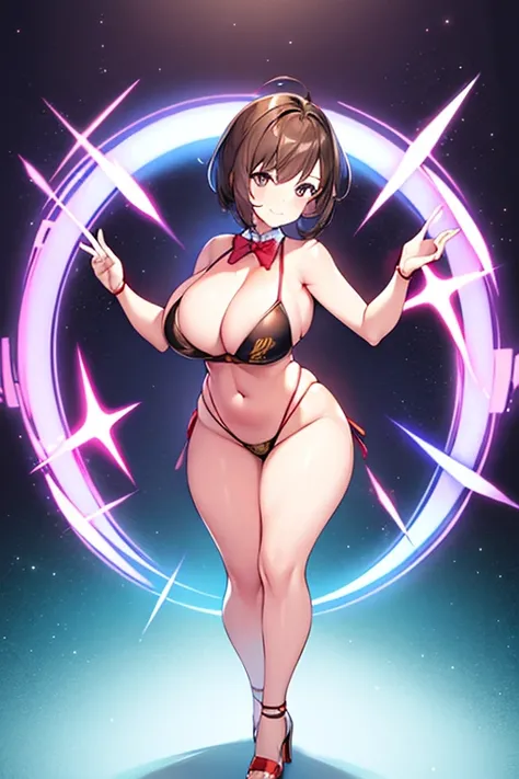 1girl, light smile, large breasts, hourglass figure, standing, ((standing)), full body, ((full body)), toned, very short hair, brown hair, tall, cleavage, navel, ((navel)), bikini, bare legs, bare shoulders, sleeveless, high heels, red bowtie, bowtie, stad...