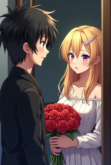  Takumi is a thin man with black hair .  I was outside a house with a bouquet of red flowers and a woman or Mirai, blonde with purple eyes opened the door .  Takumi looked at her with a mischievous smile .