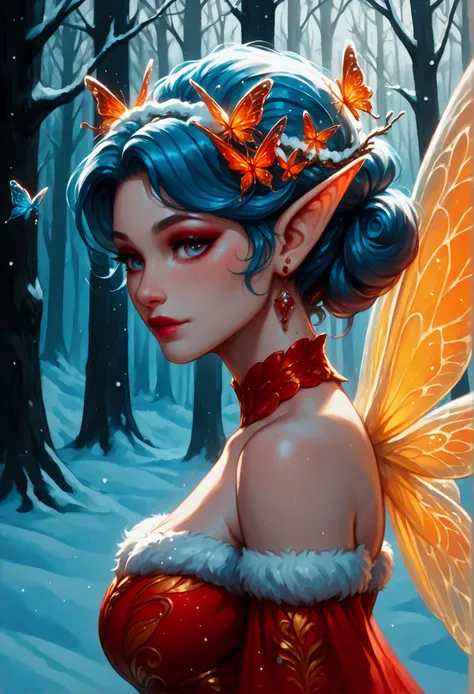 score_9, score_8_up, score_7_up, score_6_up, score_5_up, score_4_up, watercolor art of a most beautiful fairy playing in the snow, a beautiful fairy, spread butterfly wings, dynamic hair color, dynamic hair style, busty, wearing red colorful silk dress, in...