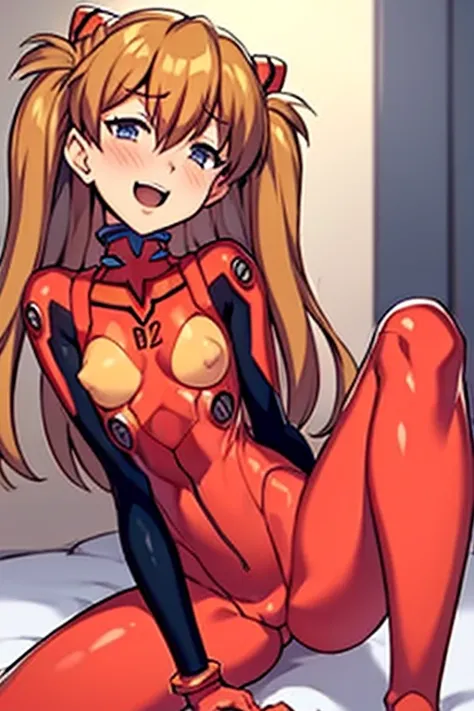 (( top quality)), ((masterpiece)), (be familiar with),  perfect face, indoor, bedroom,  watching viewers ,
One woman,  Soryu Asuka Langley,
 open mouth,  with an ecstatic expression , blush, smile,
 small tits,  flat chested, Young girl, Lori,  s,  girl,
 ...