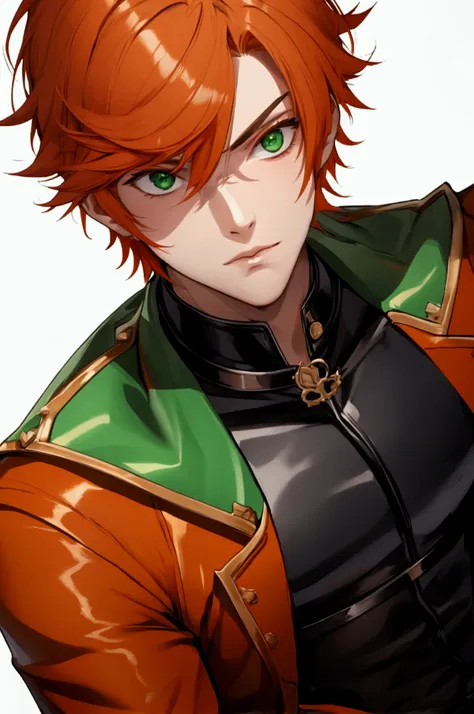 Male, boy, man, orange hair,  green eyes,  black leather collar,  sweet innocent, red outfit, swordsman 