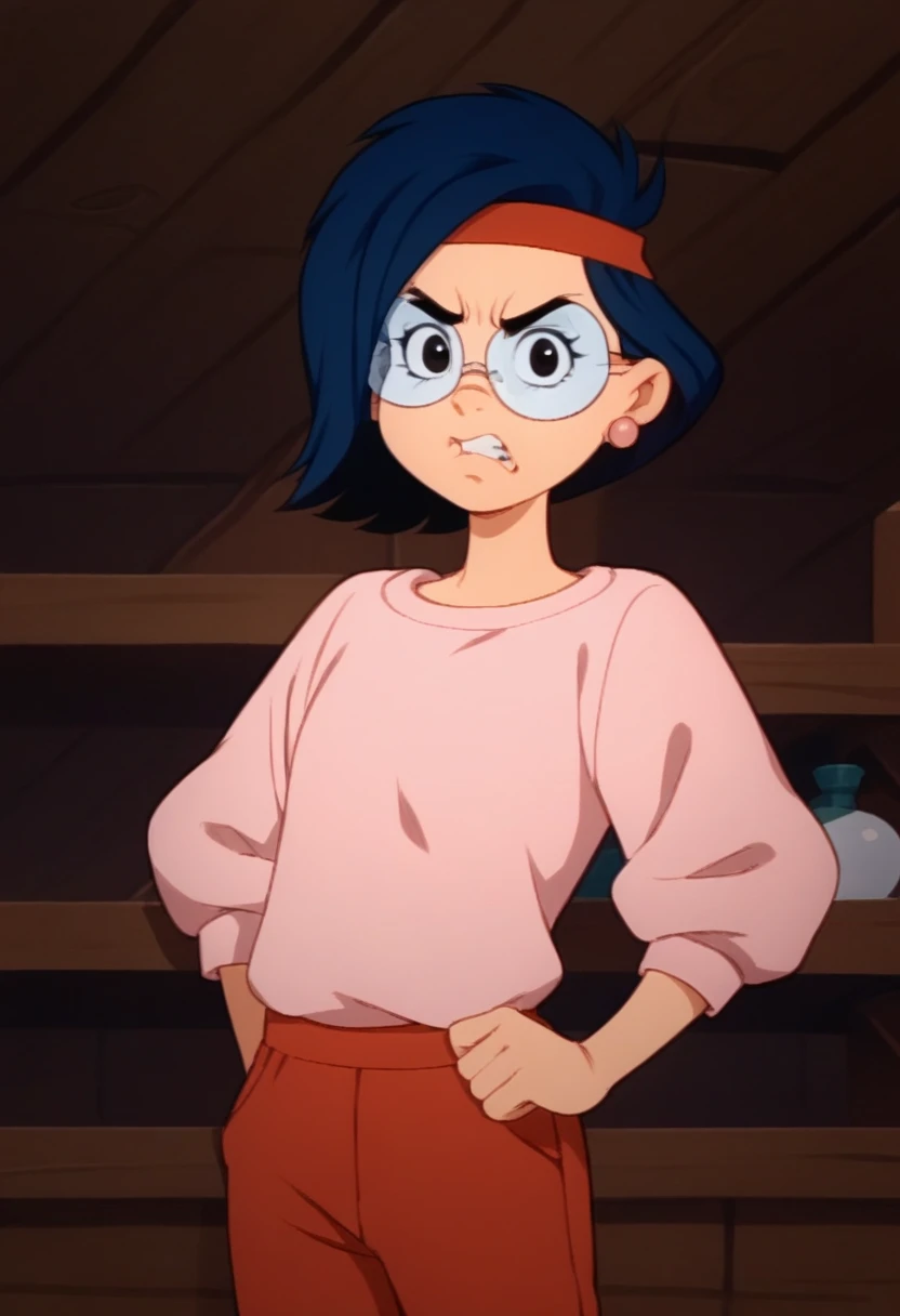 annie, 1girl, solo, short hair, blue hair, black eyes, headband, glasses, earrings, shirt, red pants pink footwear mismatched red sleeves, standing, black eyebrows, half body, frown, , looking at viewer, angry, clenched teeth, clenched fists