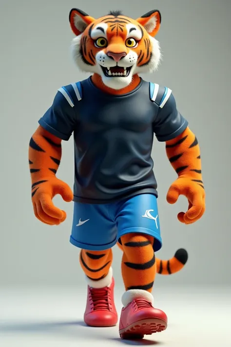 A full-body 3D humanoid tiger walking with dark blue t-shirt, light blue details on the sleeve, white shoulder details and blue shorts with white details with a red soccer boot.