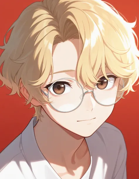 masterpiece,best quality , newest , safe, 1boy ,Men, round glasses, blonde hair , white reflection in the eyes , short wavy hair , brown eyes ,rindo sarcasticaMente, white reflection of light on glasses ,White eyeglass lenses , with head raised in an air o...