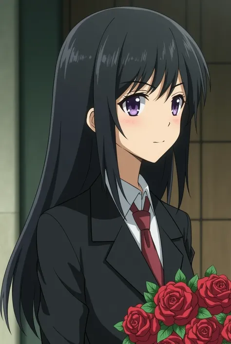 Takumi is a thin man with long black hair from the anime Nana.  I was outside a house with a bouquet of red flowers and a woman or Mirai, blonde with purple eyes opened the door .  Takumi looked at her with a mischievous smile .